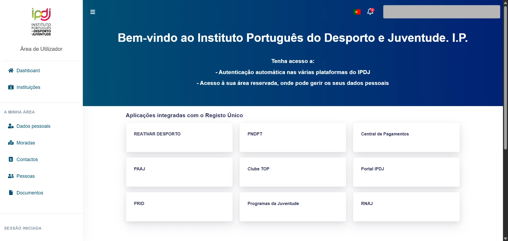 Área de utilizador do BDU com o menu lateral e a opção Dados pessoais