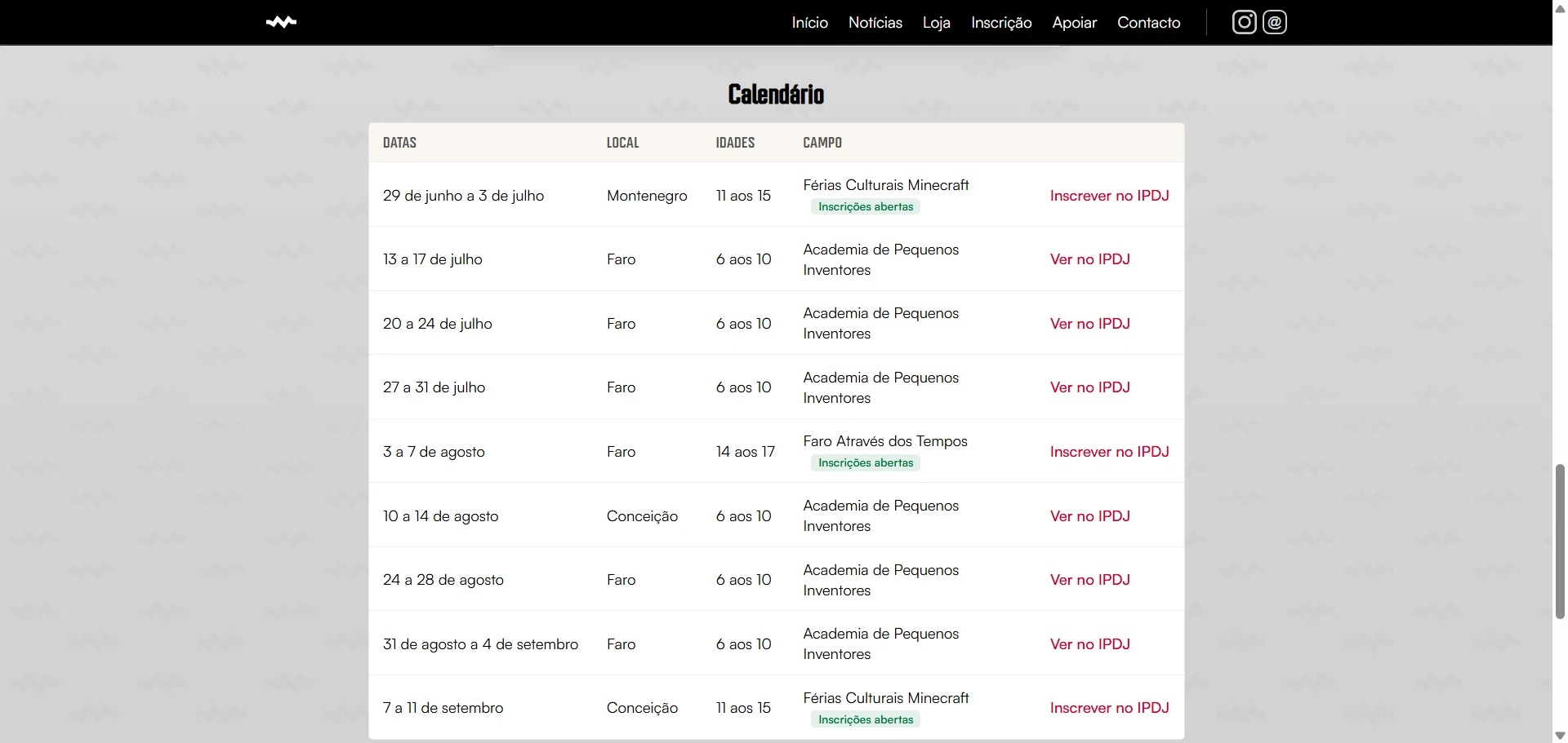 Calendário dos campos de férias no site da Faro em Ação, com as ligações Inscrever no IPDJ