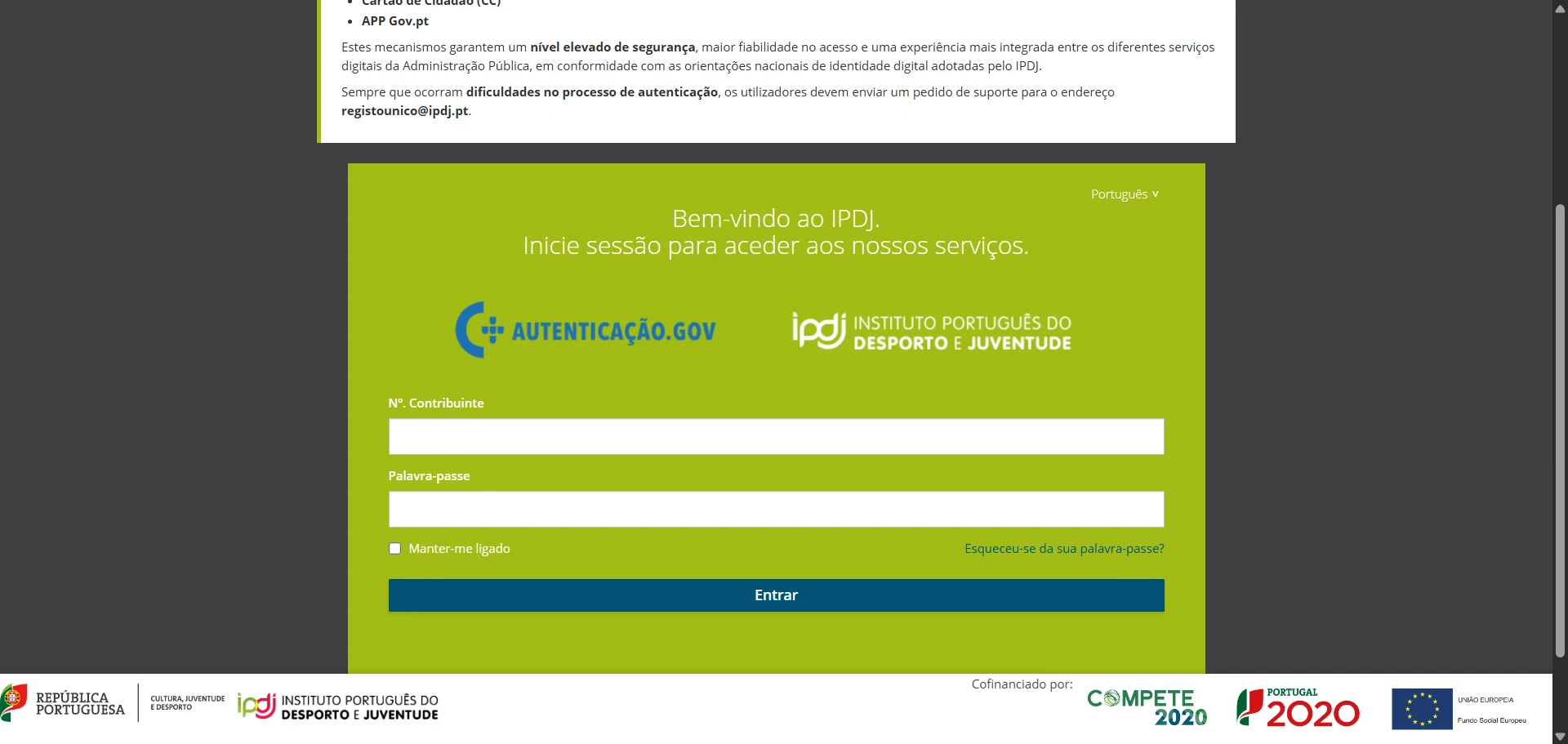 Ecrã de autenticação do IPDJ com os campos número de contribuinte e palavra-passe