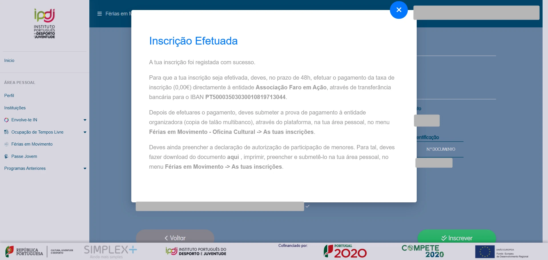 Mensagem de inscrição efetuada na plataforma do IPDJ